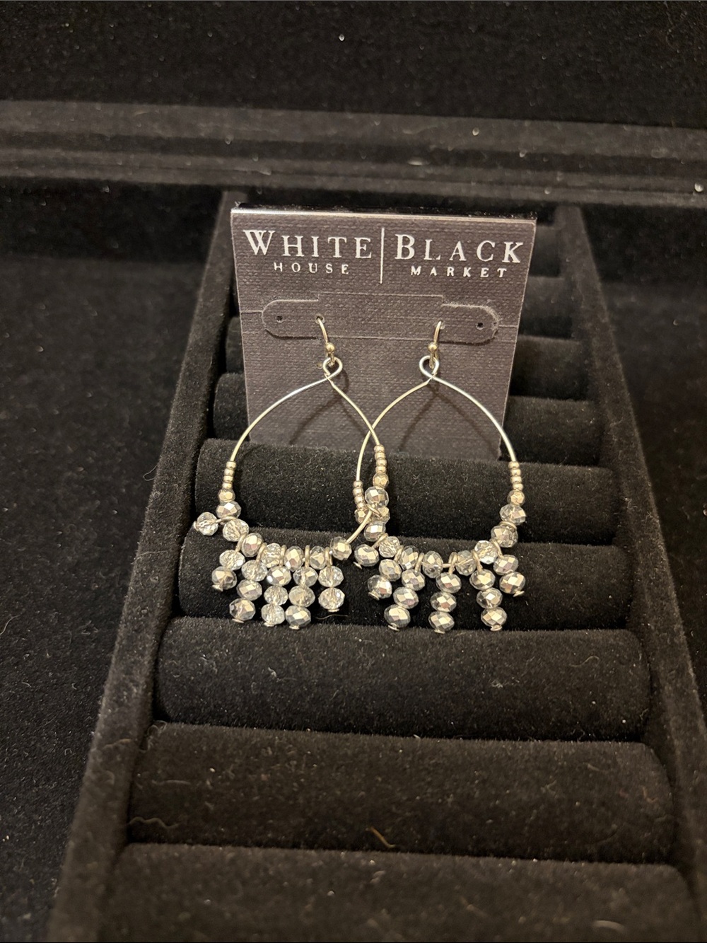 White House Black Market Silver-Tone Crystal Dangle Hoop Earrings